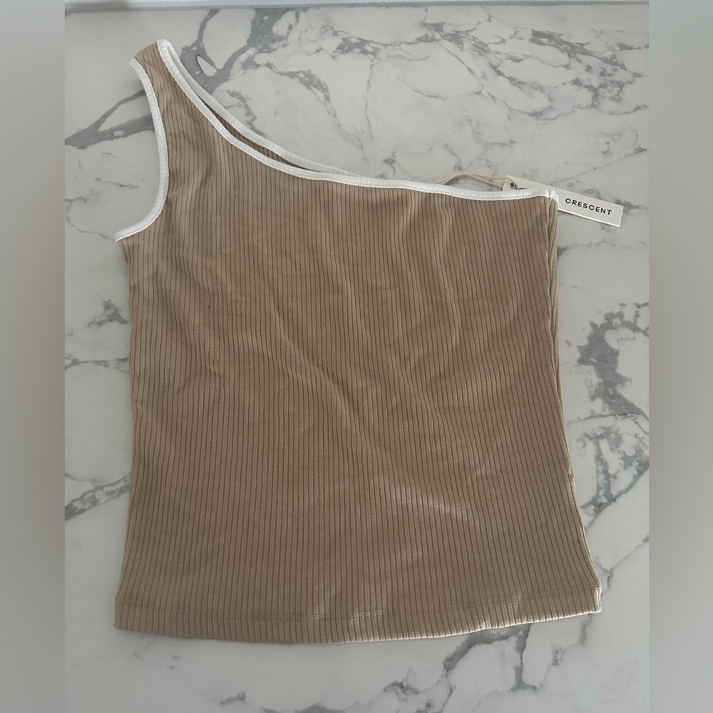 Crescent one shoulder top tan and white size medium